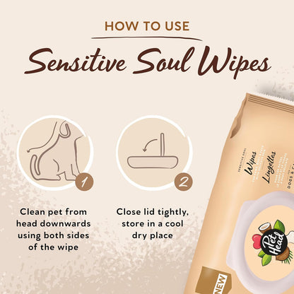 How to use Pet Head Sensitive Soul Wipes by wiping from head downwards and resealing the pack