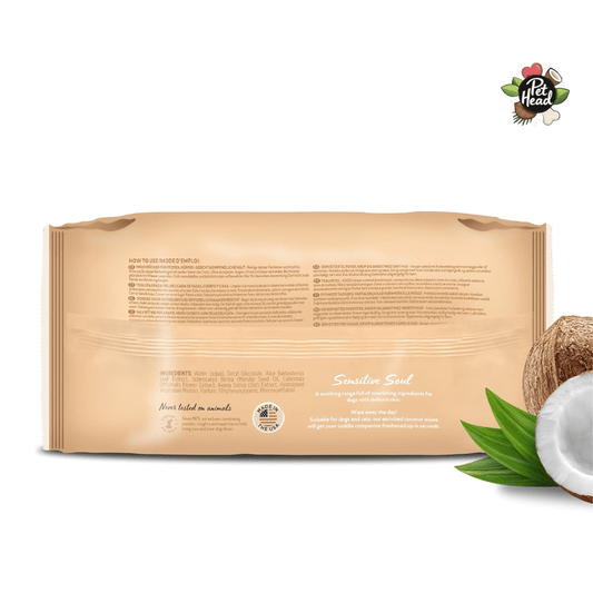 Back of Pet Head Sensitive Soul Wipes 100 pack showing product information