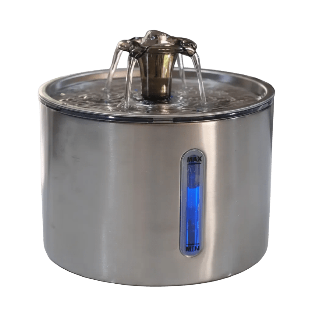 Stainless steel pet water fountain with blue MAX/MIN water level indicator