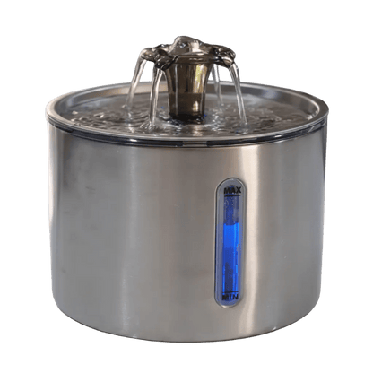 Stainless steel pet water fountain with blue MAX/MIN water level indicator
