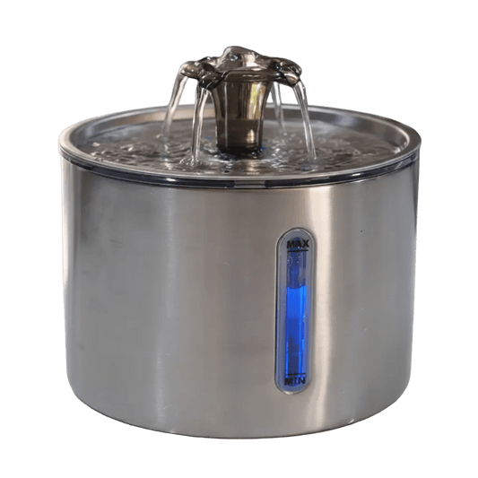 Stainless steel pet water fountain with blue MAX/MIN water level indicator