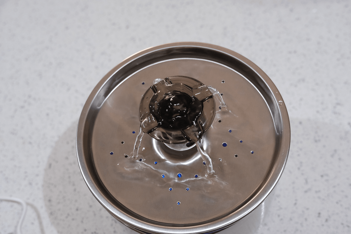 Stainless steel pet water fountain top view with circulating water and central pump