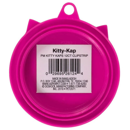 Pink Kitty-Kap cat food can topper lid with barcode label and handle loop