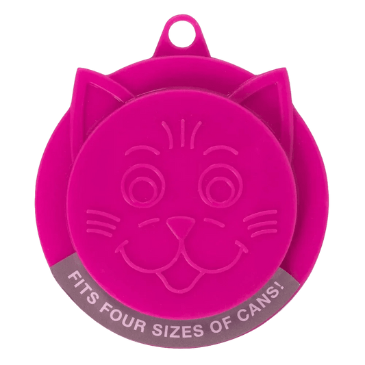 Pink Kitty-Kap cat food can topper lid with cat face embossed, handle loop top