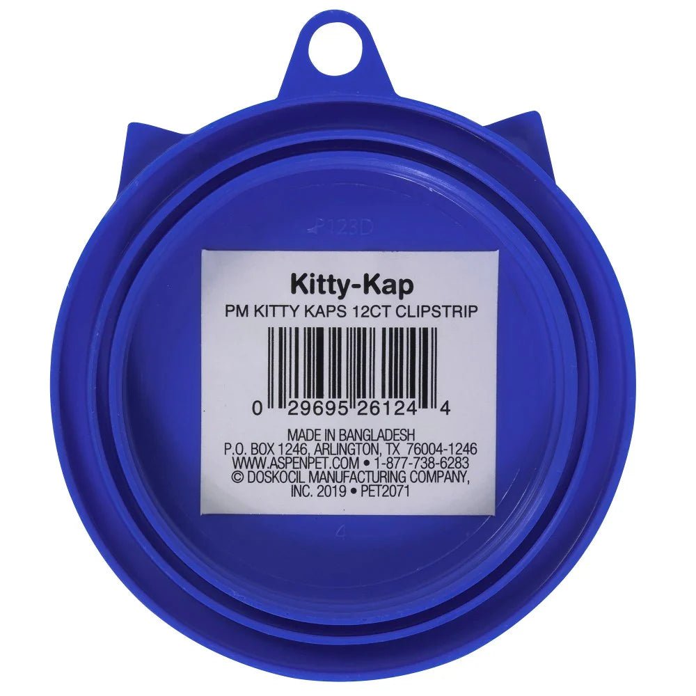 Blue Kitty-Kap cat food can topper lid with handle, showing barcode label