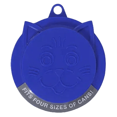 Blue Kitty-Kap cat food can topper lid with embossed cat face and handle loop