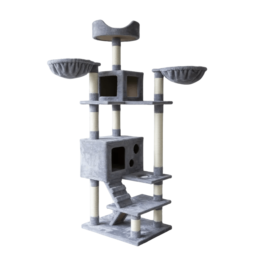 Cat tree with three round top perches, gray steps, sisal poles, and black house