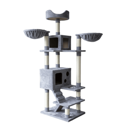 Cat tree with three round top perches, gray steps, sisal poles, and black house
