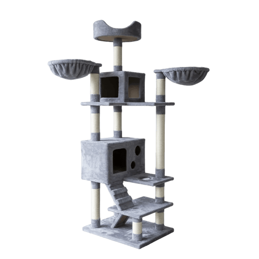 Cat tree with three round top perches, gray steps, sisal poles, and black house