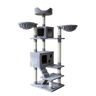 Cat tree with three round top perches, gray steps, sisal poles, and black house