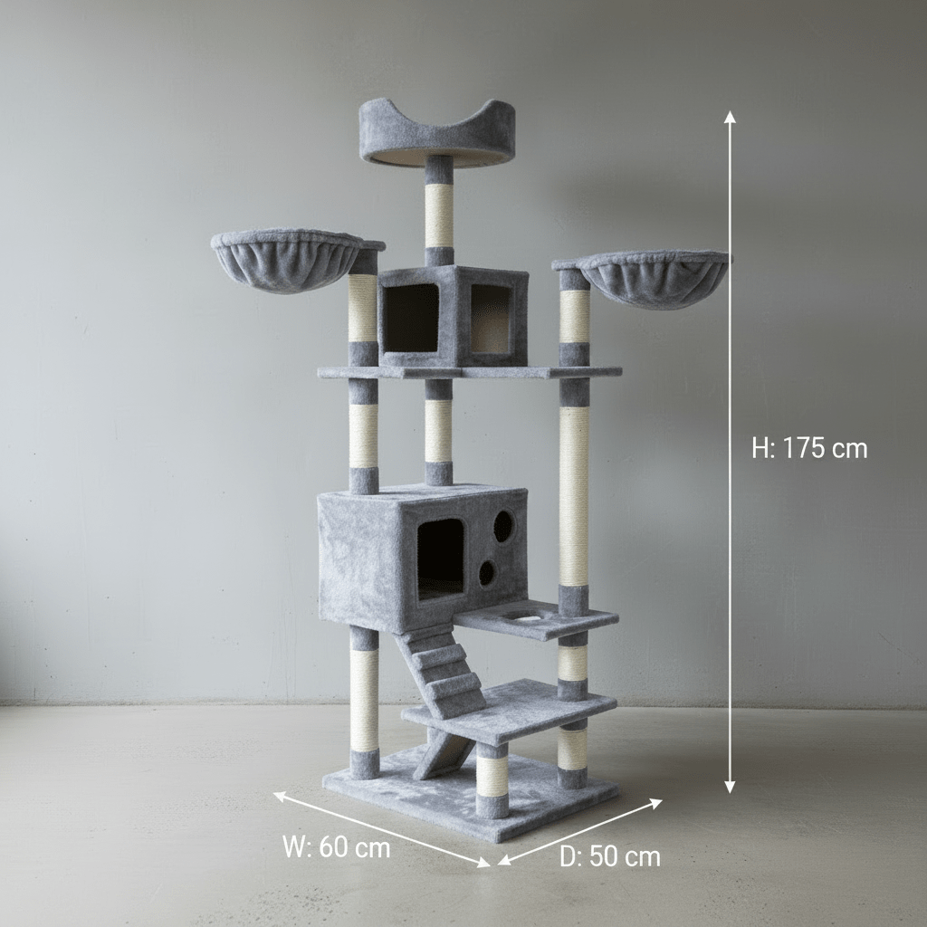 Cat tree with gray platforms and sisal posts; 175 cm high, 60x50 cm base