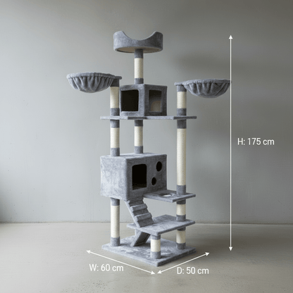 Cat tree with gray platforms and sisal posts; 175 cm high, 60x50 cm base