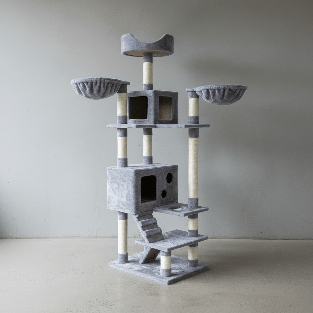Cat tree tower with gray platforms, plush perches, sisal posts, and black cubby