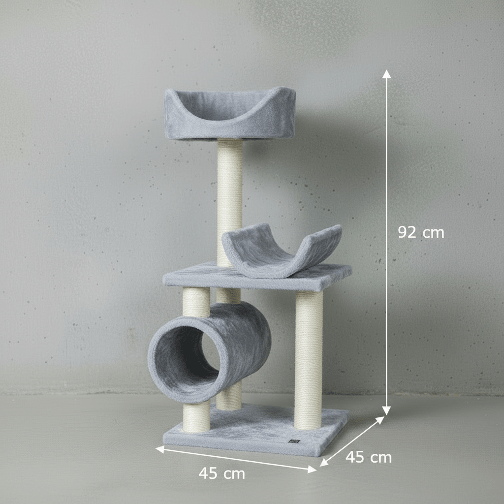 92 cm cat tree with gray platforms, curved hammock bed, and enclosed tunnel