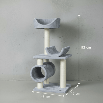 92 cm cat tree with gray platforms, curved hammock bed, and enclosed tunnel