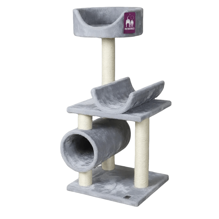 Gray cat tree with stacked carpeted platforms, curved tunnel, and cat bed on post