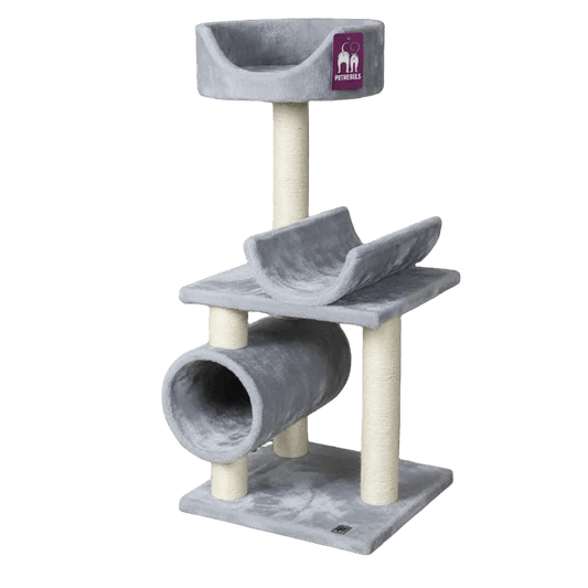 Gray cat tree with stacked carpeted platforms, curved tunnel, and cat bed on post