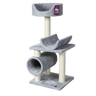 Gray cat tree with stacked carpeted platforms, curved tunnel, and cat bed on post