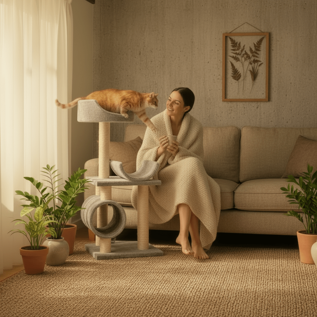 Gray cat tree with top bed, side platform, and tunnel; cat perched on lower step