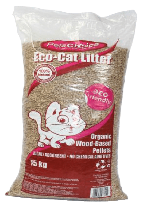 Organic wood-based cat litter pellets bag, white with pink branding and 15 kg label