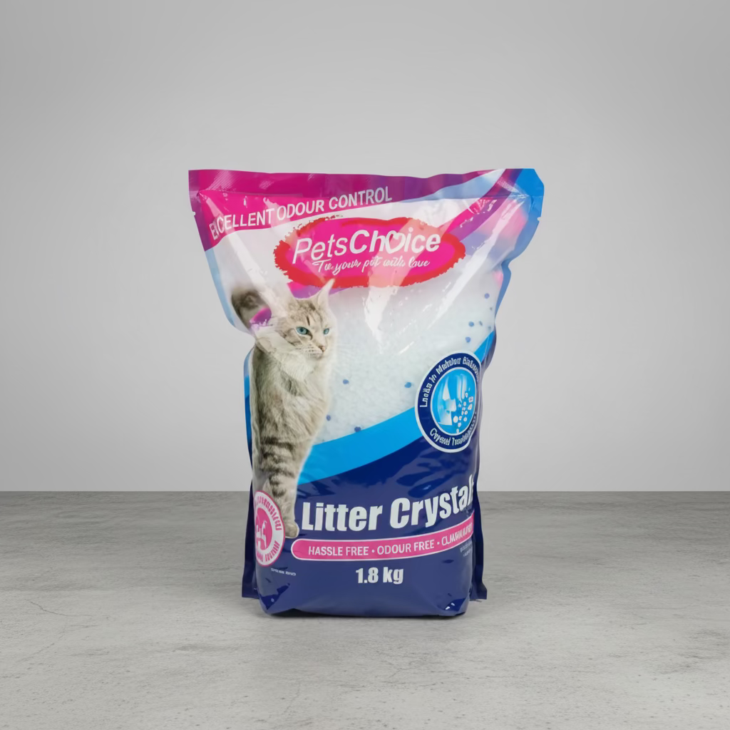 Silica crystal cat litter bag, blue and white with kitten graphic, 1.8 kg