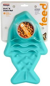 Teal shark-shaped pet snack mat with circular treat well and feeding compartments