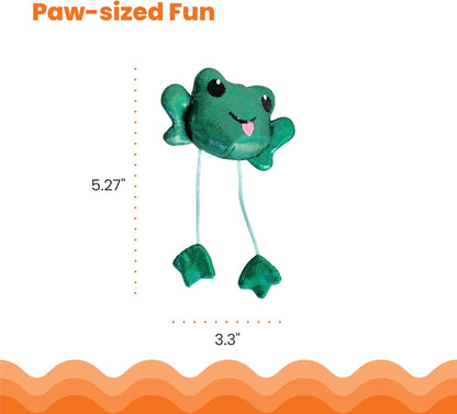 Green plush frog cat toy with dangling strings, shown with size 5.27 in