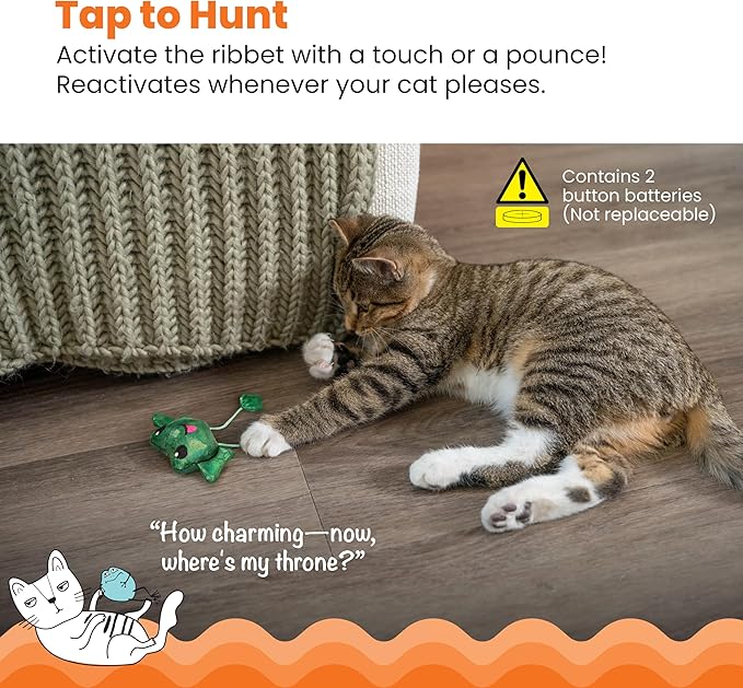 Green plush frog cat toy with dangling strings beside a sleeping gray tabby cat