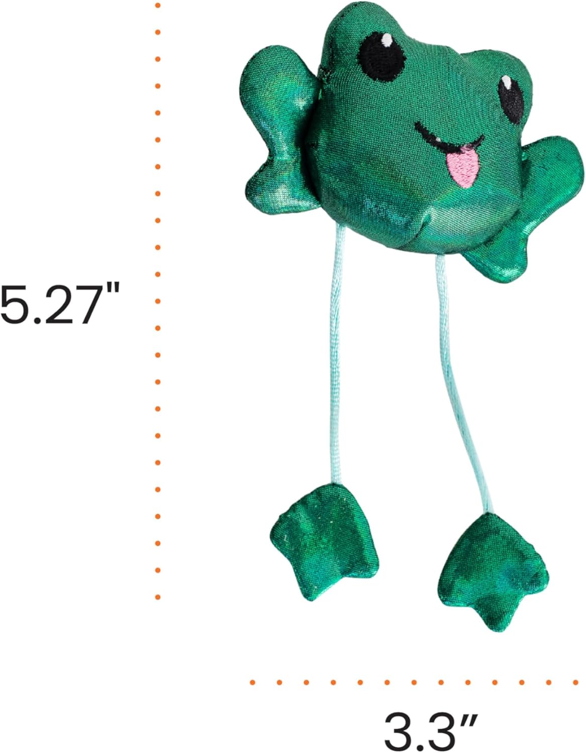 Green plush frog cat toy with dangling strings and three paw-shaped feet
