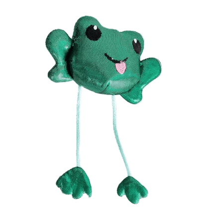 Green plush frog catnip toss toy with dangling strings and two paw-shaped feet