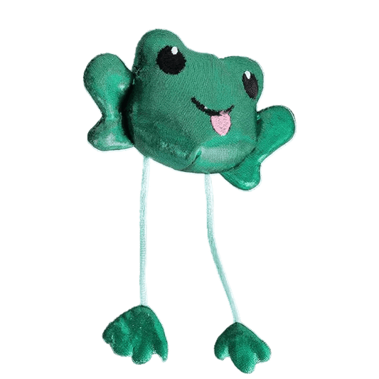 Green plush frog catnip toss toy with dangling strings and two paw-shaped feet