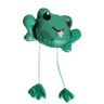 Green plush frog catnip toss toy with dangling strings and two paw-shaped feet