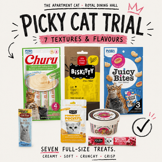 Picky Cat Trial seven-texture treat bundle in The Apartment Cat doodle style
