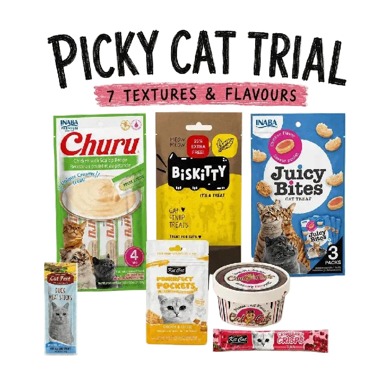 Picky Cat Trial seven-texture treat bundle in The Apartment Cat doodle style