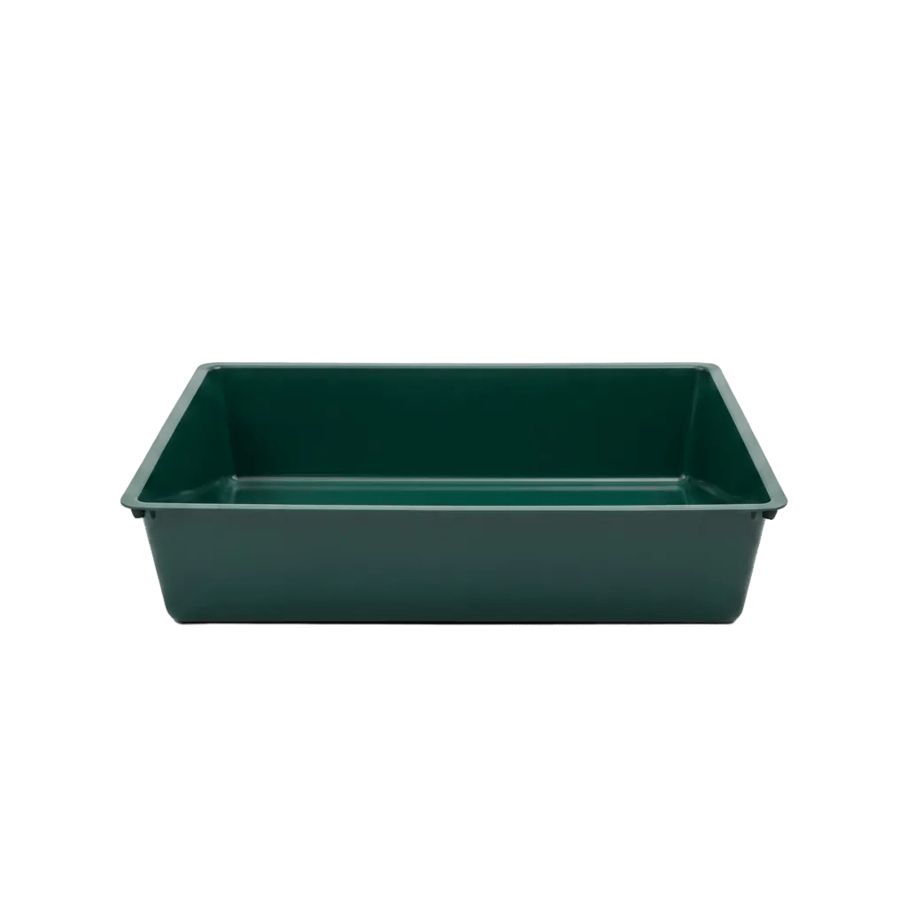 Green plastic cat litter tray, rectangular with open top
