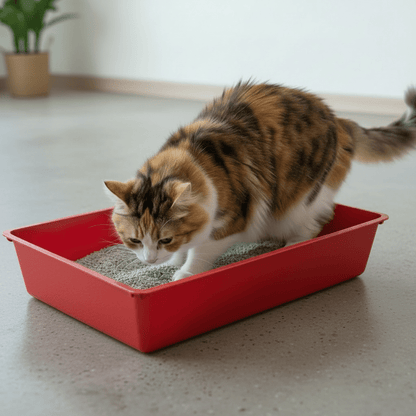 Red plastic cat litter tray with a cat standing inside on litter