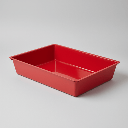 Red plastic cat litter tray with low sides and open top