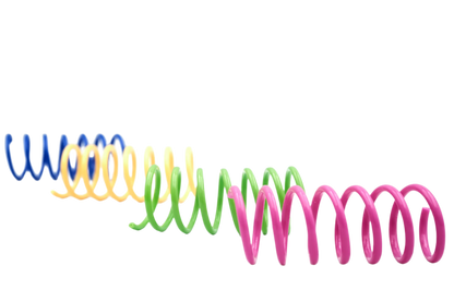 Colorful plastic spring cat toys set, coiled in blue, yellow, green, and pink.