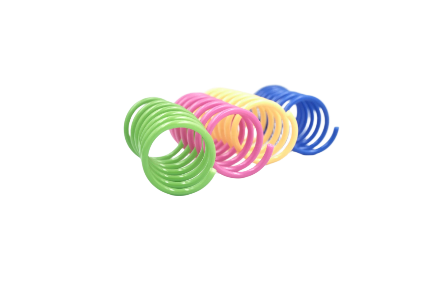 Assorted plastic spring cat toys, bundled coils in green, pink, yellow, and blue.