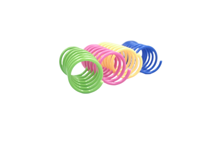 Assorted plastic spring cat toys, bundled coils in green, pink, yellow, and blue.
