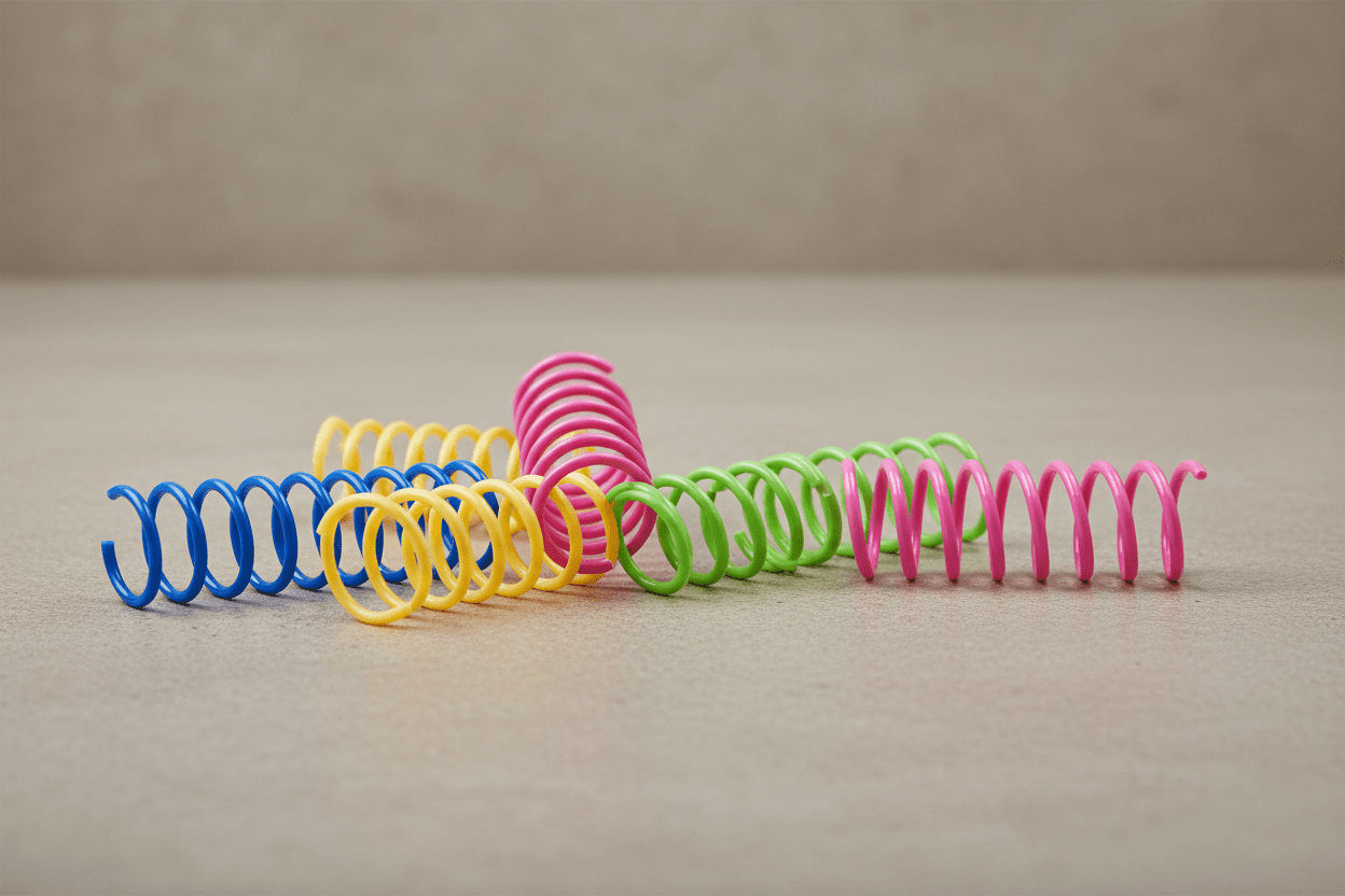 Multi-color plastic spring cat toys lined up: blue, yellow, green, and pink coils.