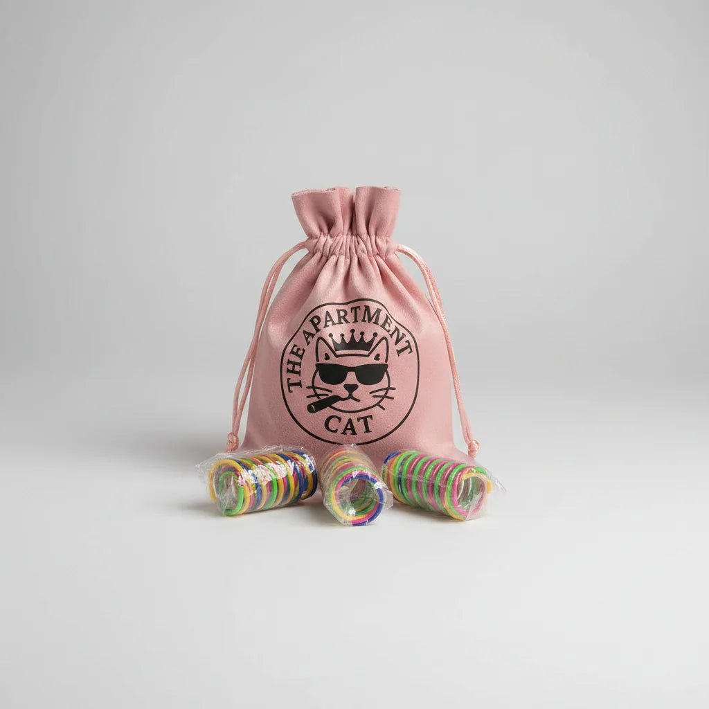 Plastic spring cat toy set with pink drawstring bag and colorful coil springs, 12 pack