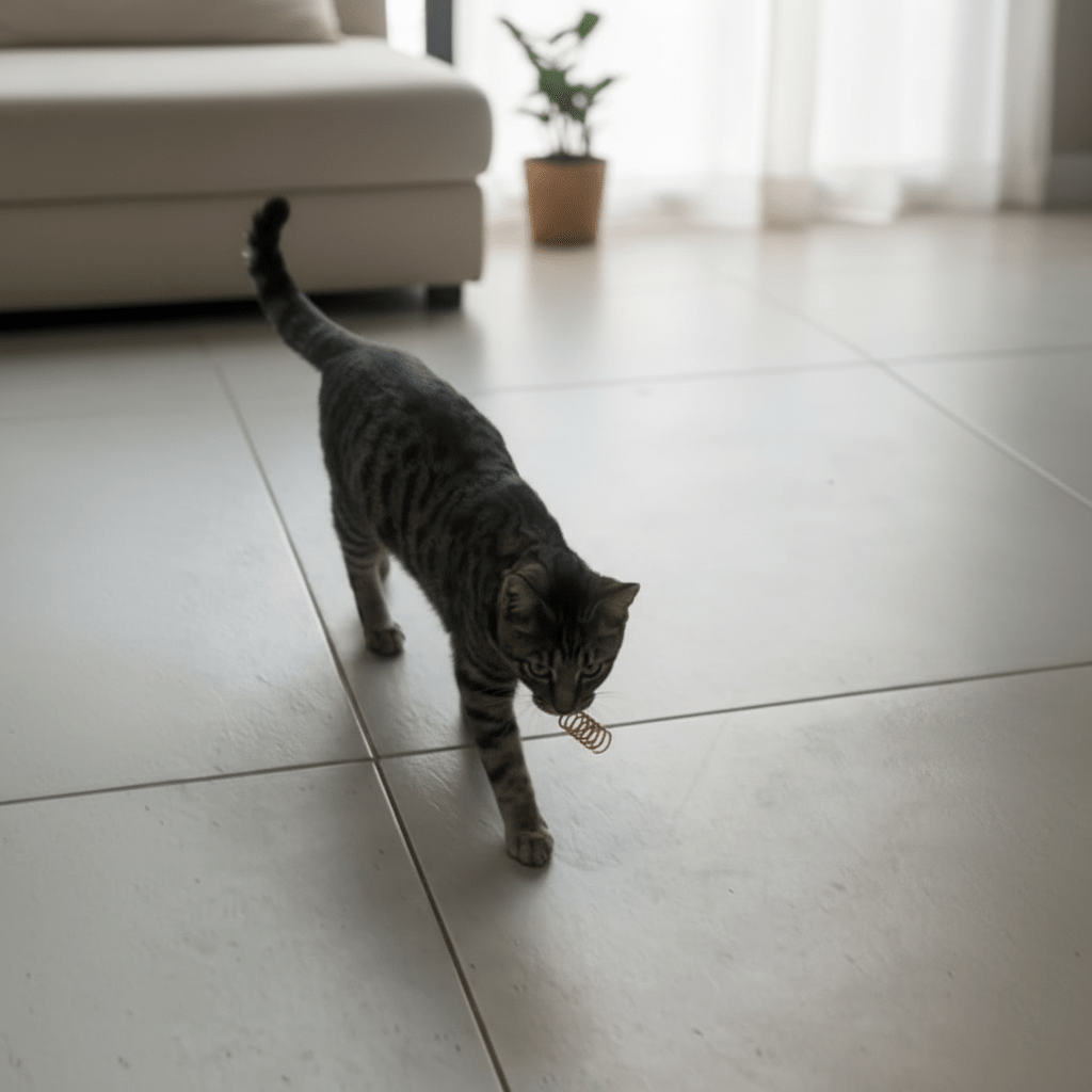 Grey tabby cat holding a green plastic spring toy in its mouth on a tile floor.