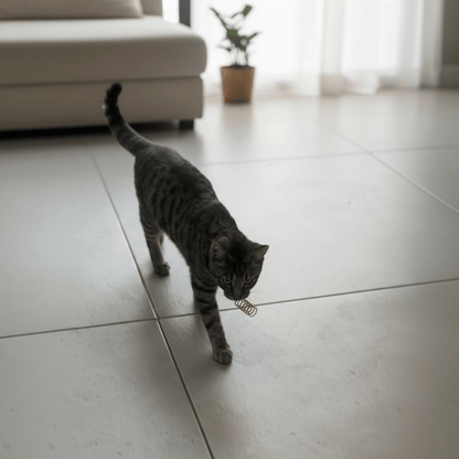 Grey tabby cat holding a green plastic spring toy in its mouth on a tile floor.