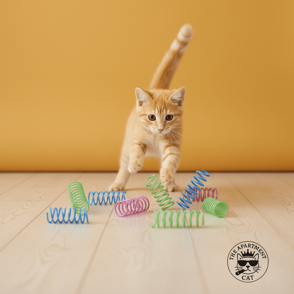 Plastic spring cat toys on the floor, with a cat playing among multi-color coils.