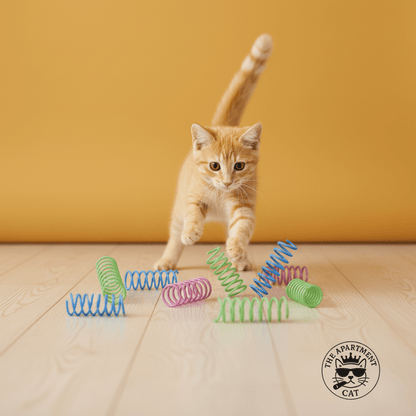 Plastic spring cat toys on the floor, with a cat playing among multi-color coils.