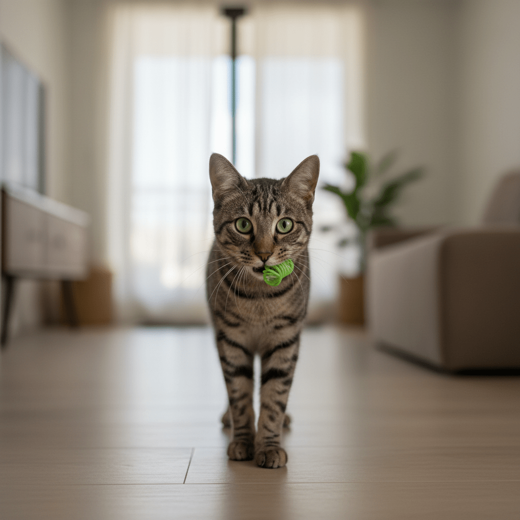 Tabby cat carrying a green plastic spring toy in its mouth while walking.
