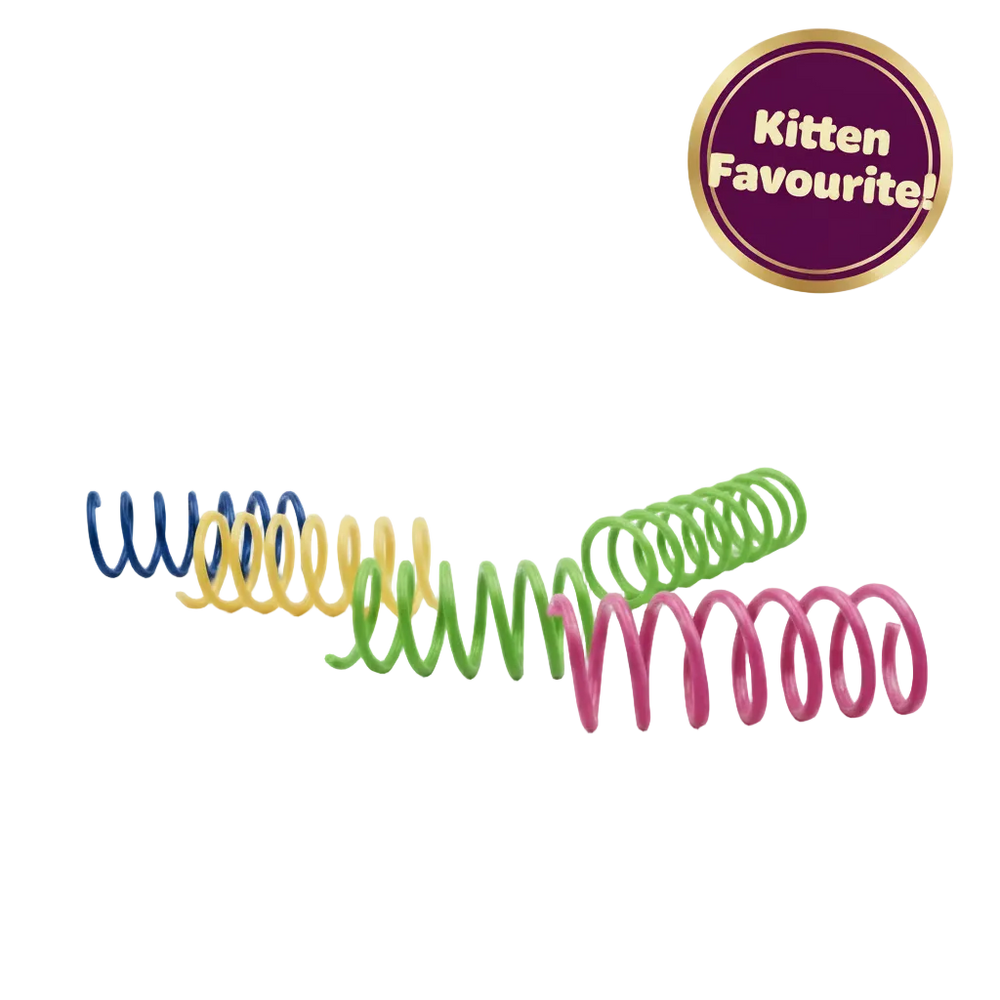 Plastic spring cat toy pack with colorful coils and a Kitten Favourite badge.