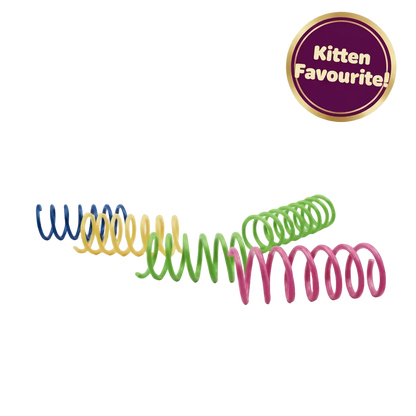 Plastic spring cat toy pack with colorful coils and a Kitten Favourite badge.