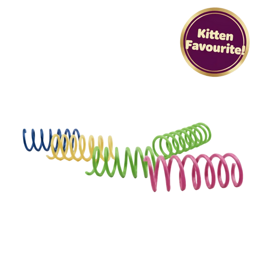 Plastic spring cat toy pack with colorful coils and a Kitten Favourite badge.